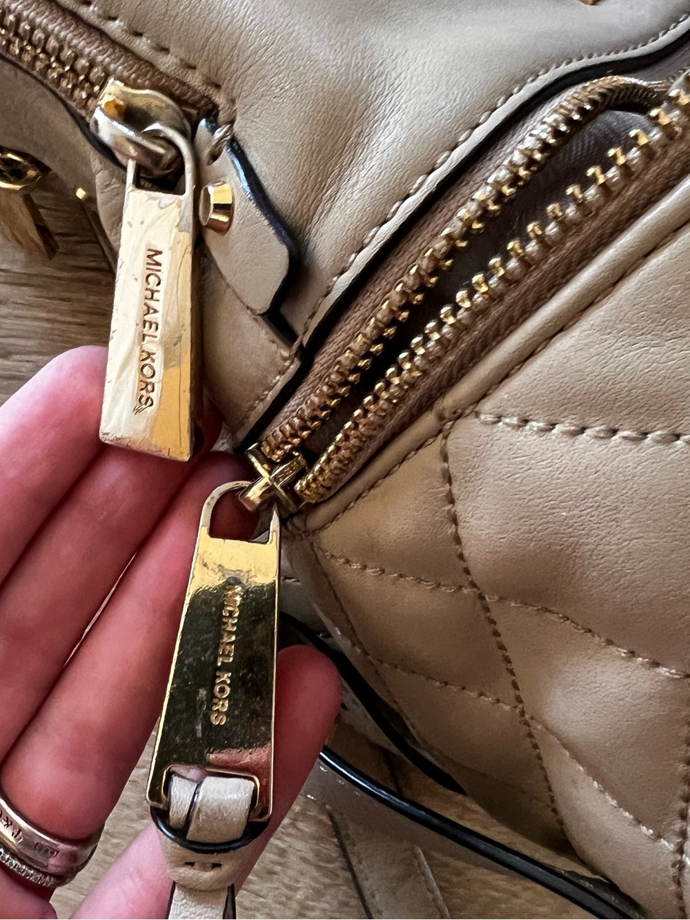 Michael Kors Rhea Backpack Beige Leather Gold Hardware Designer Bag - Picture 13 of 15